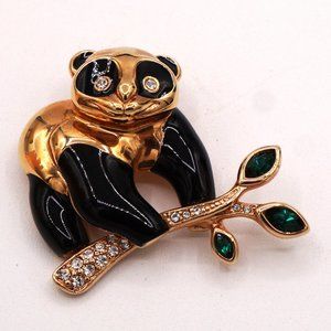 Vintage Swarovski White & Green Crystal Panda Gold Tone and Black Brooch